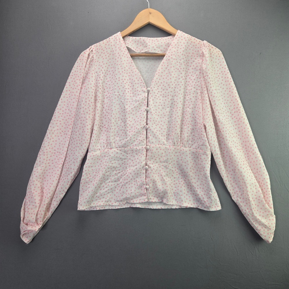 Floral Star Button Up Blouse V-Neck Long Sleeve Pink White Top M Vintage Style